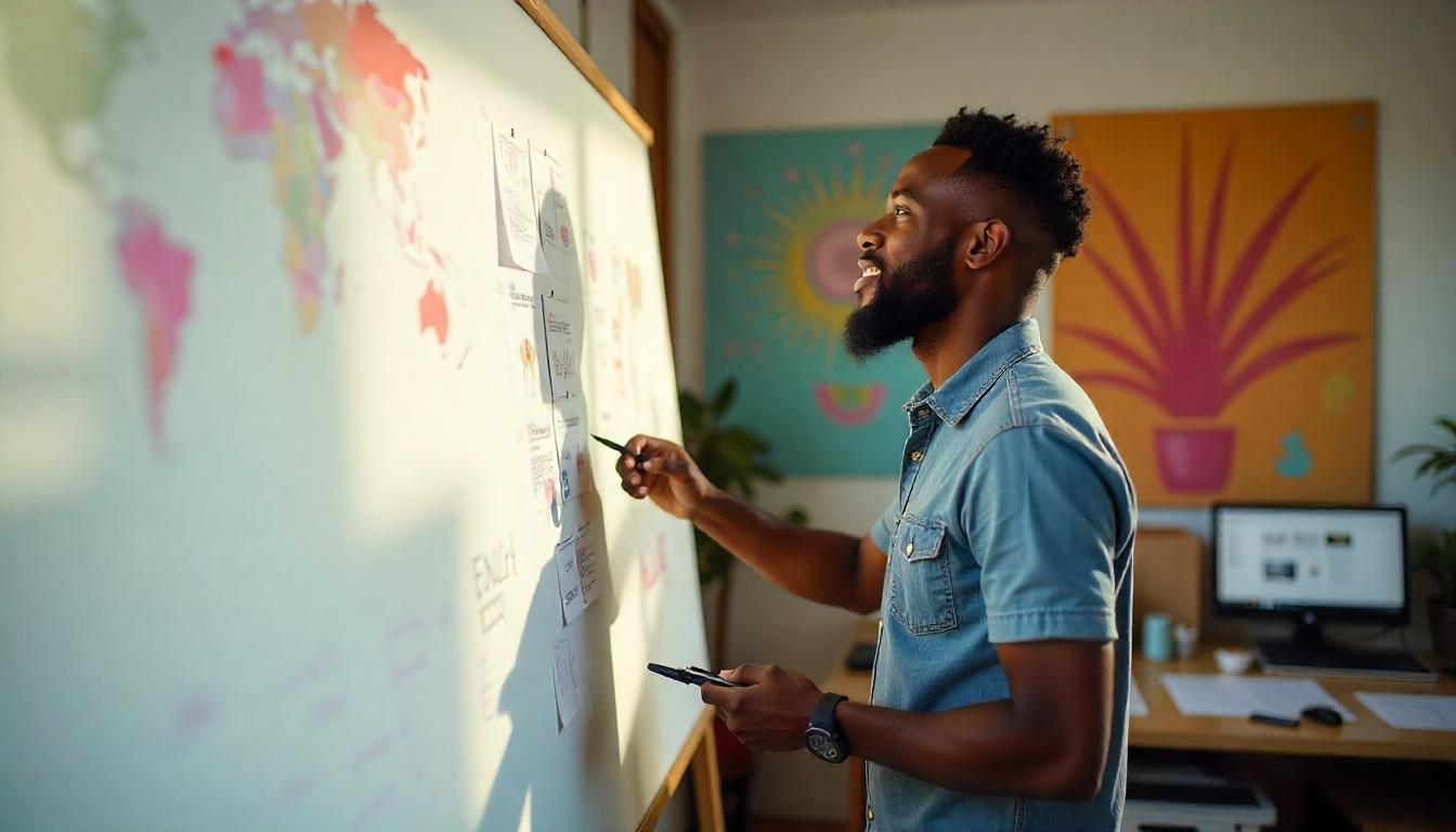 man on a board, planning wireframes for a web design